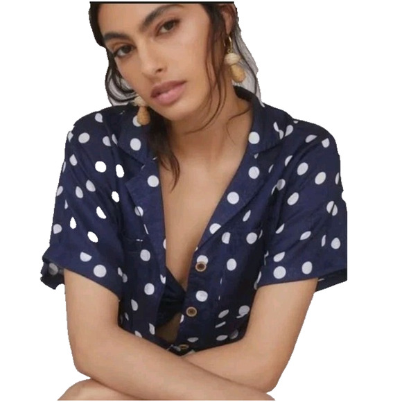 Anthropologie Maeve Top Womens Large Linen Boxy Polka-dot Button Down Blue - Picture 4 of 12